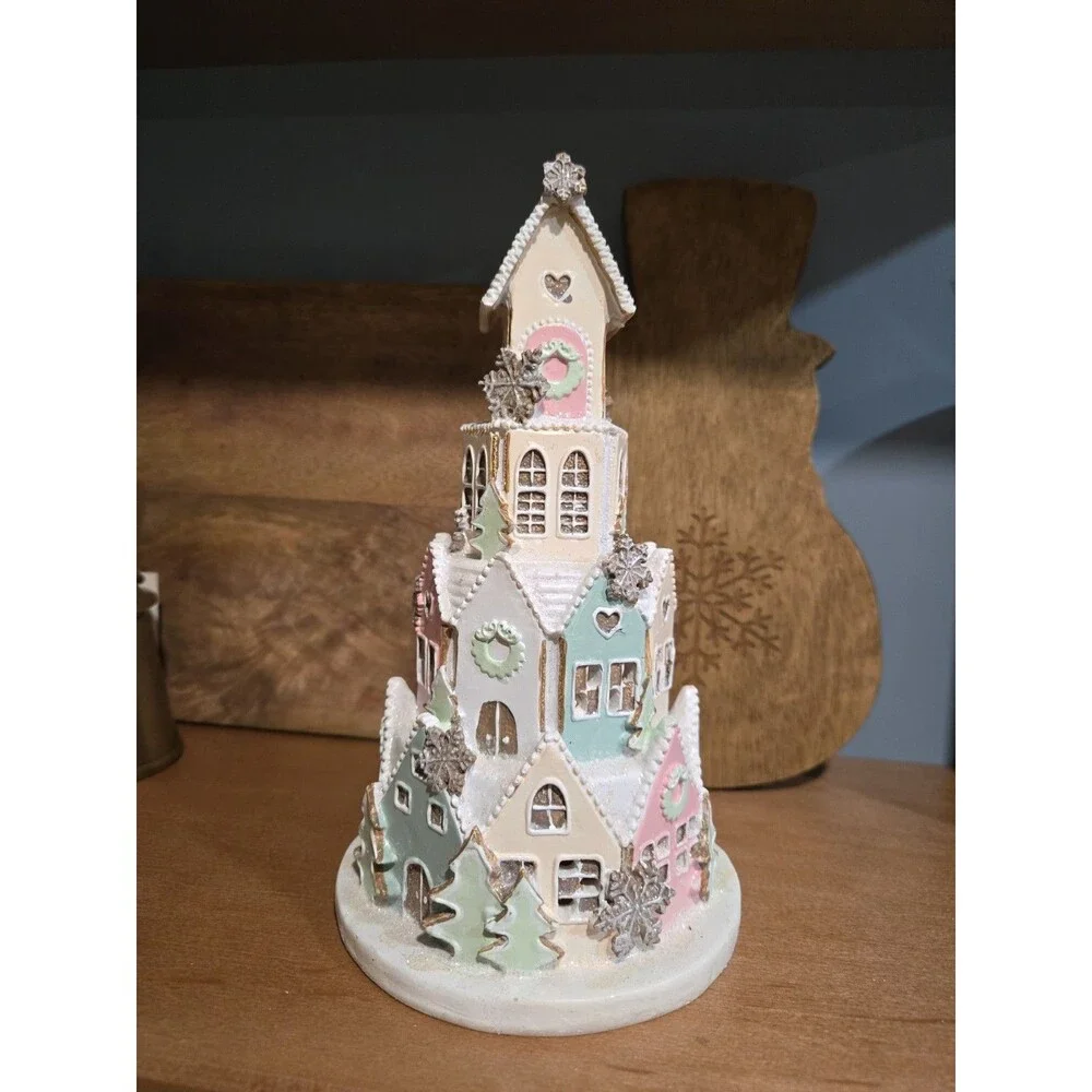 NEW Light-Up Pastel Pink Gingerbread Sugar Frosted Castle House Christmas Decor